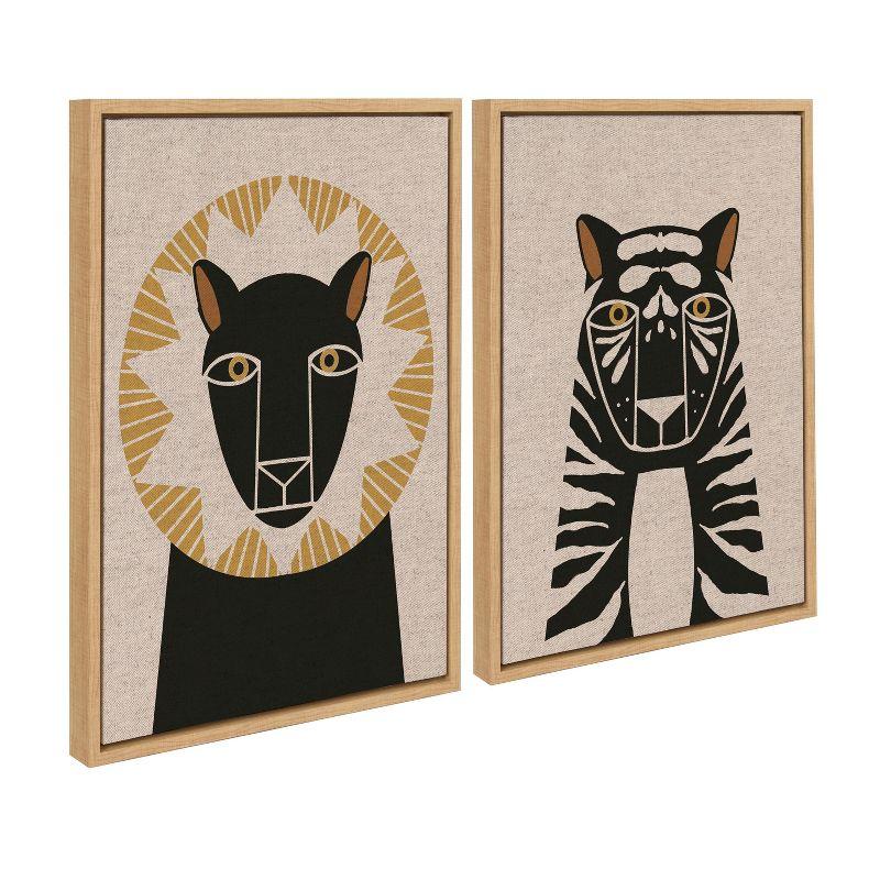 Kate and Laurel Sylvie Lion Profile Neutral Linen and Tiger Profile Neutral Linen Framed Canvas Art Set by Hannah Beisang