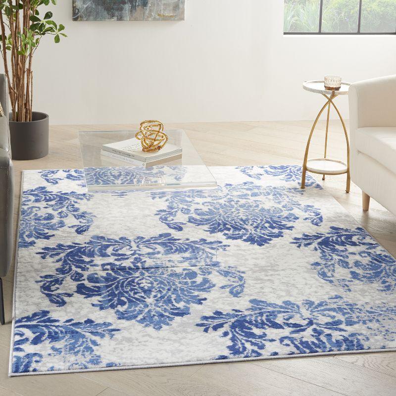 Ivory Navy Floral Damask 6' x 9' Synthetic Reversible Area Rug