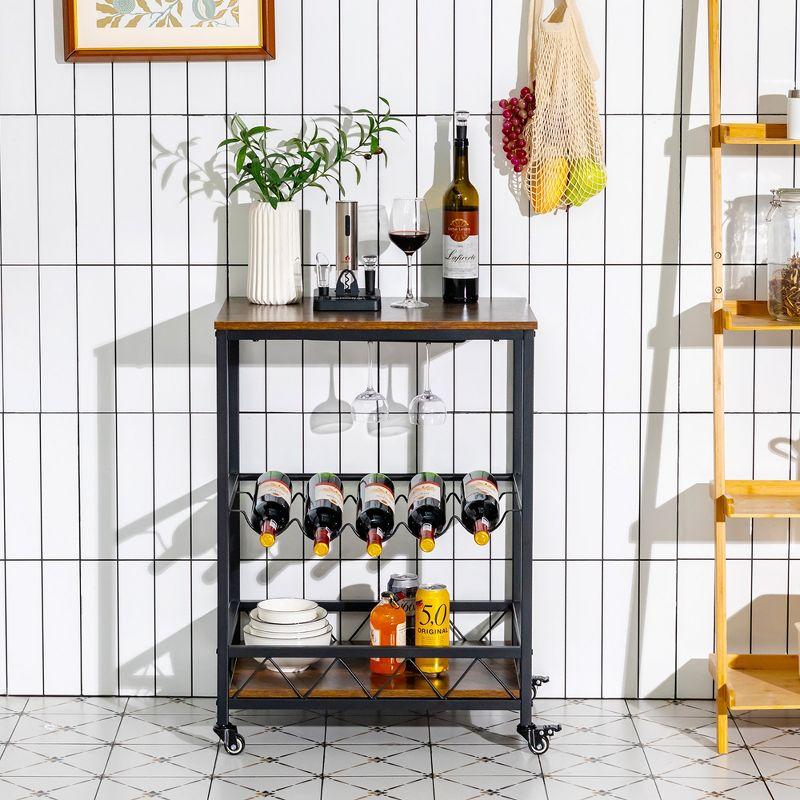 Rustic Brown and Black Rolling Bar Cart with Wine Rack