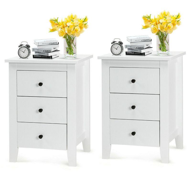 White 3-Drawer Wooden Nightstand Set with Black Knobs