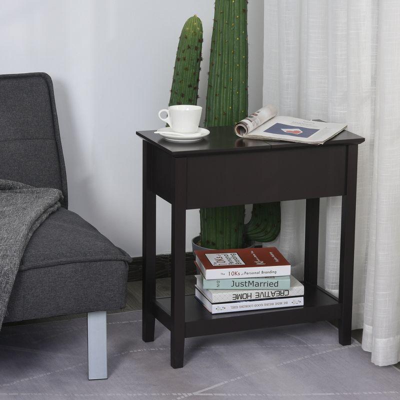 Dark Coffee Narrow Wood End Table with Storage Cabinet and Shelf