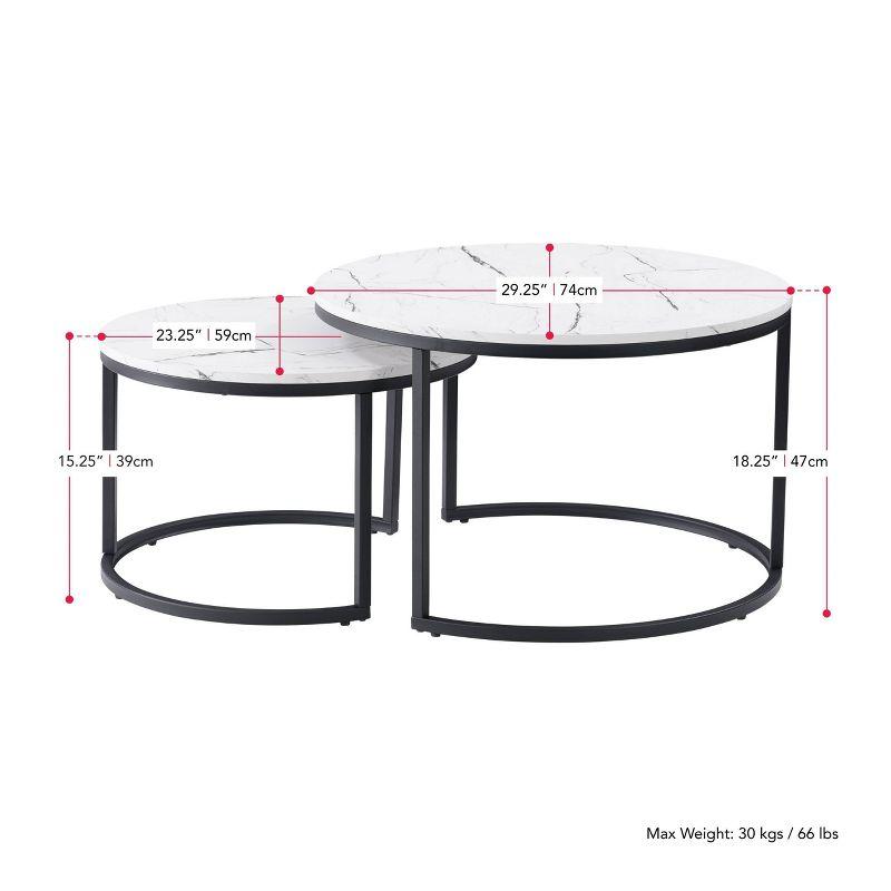 Set of 2 Marbled Finish Forth Worth Round Nesting Coffee Table White - CorLiving: Black Metal Legs, Accent Furniture