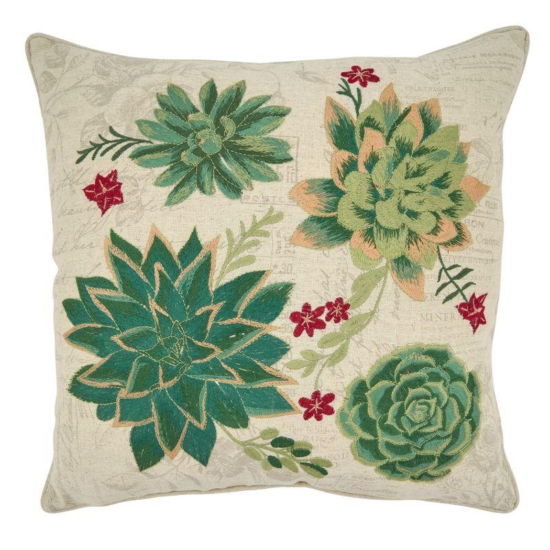 Saro Lifestyle Embroidered Succulents  Decorative Pillow Cover, Multi, 18"