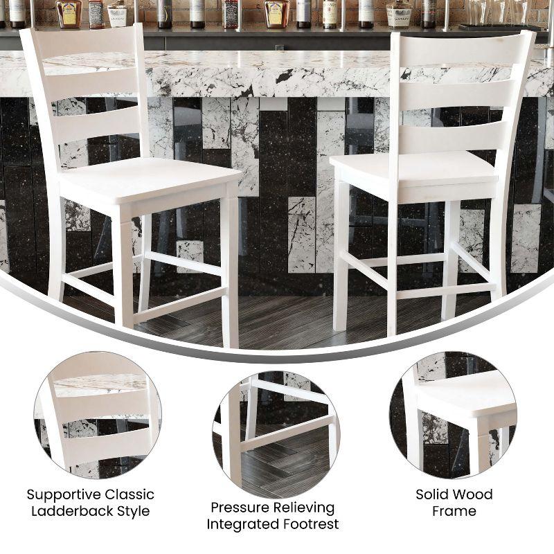 Merrick Lane Set of Two Classic Wooden Ladderback Counter Height Barstools with Solid Wood Seats in Antique White Wash