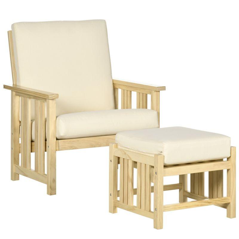 Beige Cushioned Wooden Outdoor Lounge Chair and Ottoman Set for 2