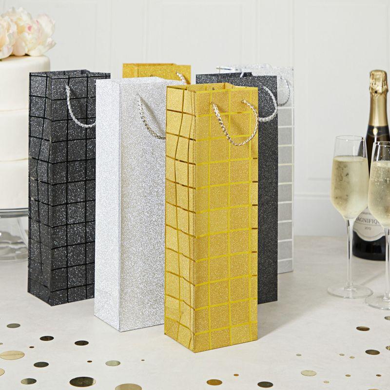 Juvale 6 Pack Foiled Glitter Wine Bottle Gift Bags with Handles for Holidays, New Years, Birthdays, Silver, Black, Gold, 3.8 x 14 x 3.3 n