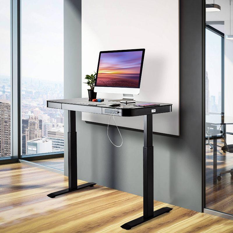 Black Adjustable Height Glass Standing Desk with USB Port and Drawer