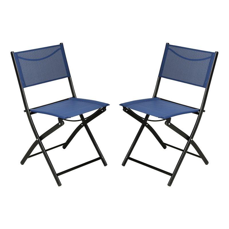 Emma and Oliver Set of 2 Folding Chairs for Indoor/Outdoor Use with Navy Flex Comfort Material and Black Steel Frames