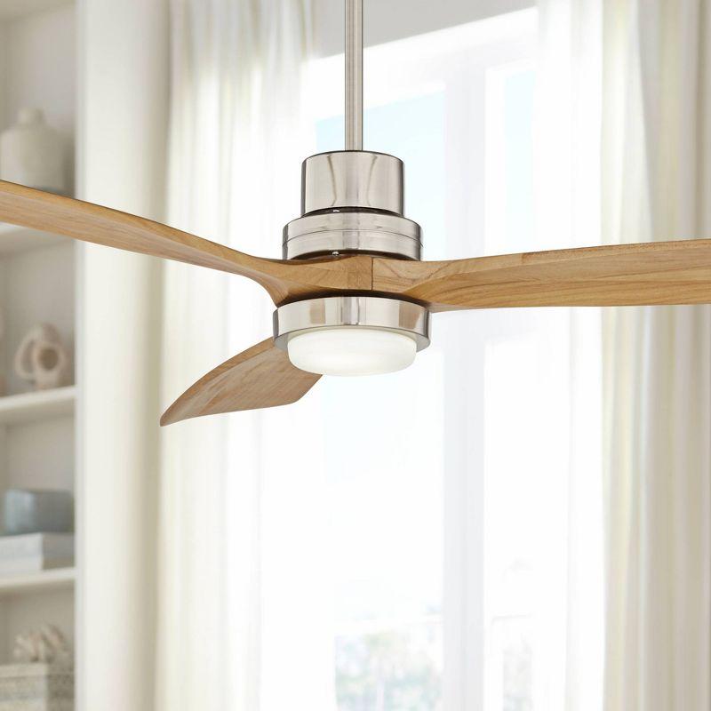 52" Casa Vieja Delta-Wing DC Modern 3 Blade Indoor Ceiling Fan with LED Light Remote Control Brushed Nickel Natural Solid Wood for Living Room Kitchen