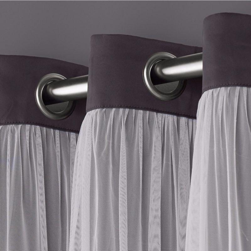 Set of 2 (108"x52") Caterina Layered Solid Blackout with sheer top Curtain Panels Black Pearl - Exclusive Home
