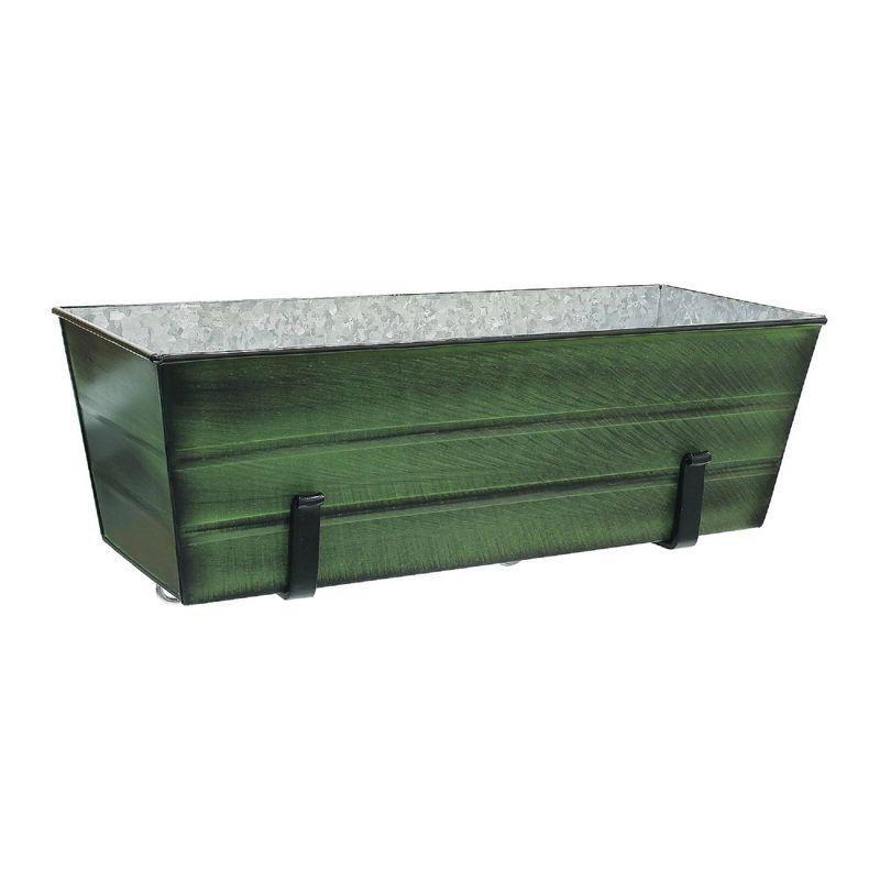 ACHLA Designs 24" Wide Rectangular Flower Box Galvanized Steel with Black Wrought Iron Clamp-On Brackets Green Patina