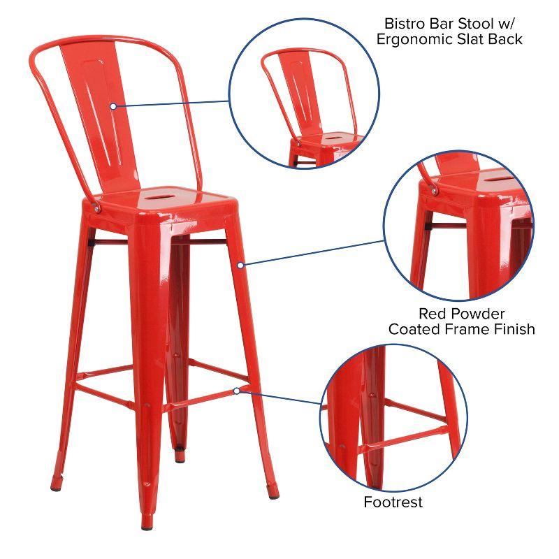 Vibrant Red Metal Indoor-Outdoor Barstool with Removable Back, 30"