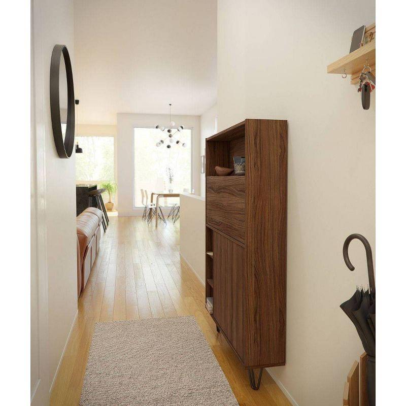 Slim Walnut Secretary Desk with Black Hairpin Legs and Filing Cabinet