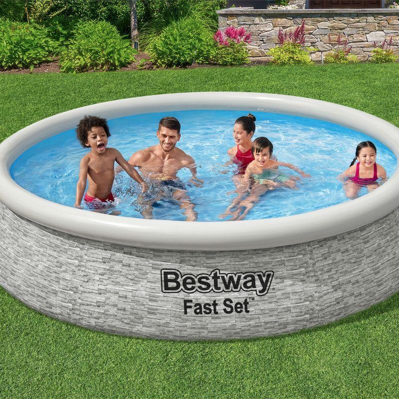 Bestway Inflatable Stacked Stone Design Outdoor Above Ground Backyard Swimming Pool Set