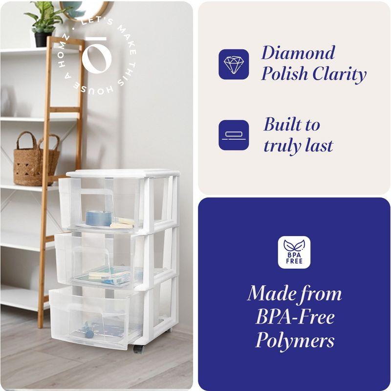 HOMZ Drawer Tower, 3-Tier Clear Plastic Storage Organizer Cart, White Frame - Heavy-Duty Organizing Drawers for Home, Bedroom, and Closet Organization