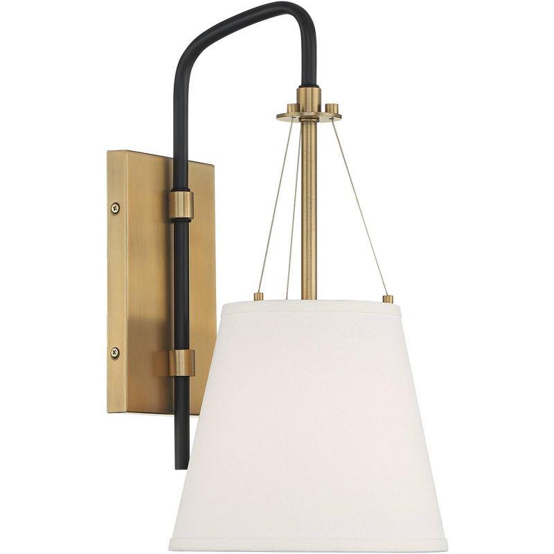Possini Euro Design Mid Century Modern Wall Light Sconce Brass Black Hardwired 8" Fixture White Linen Shade for Bedroom Living Room