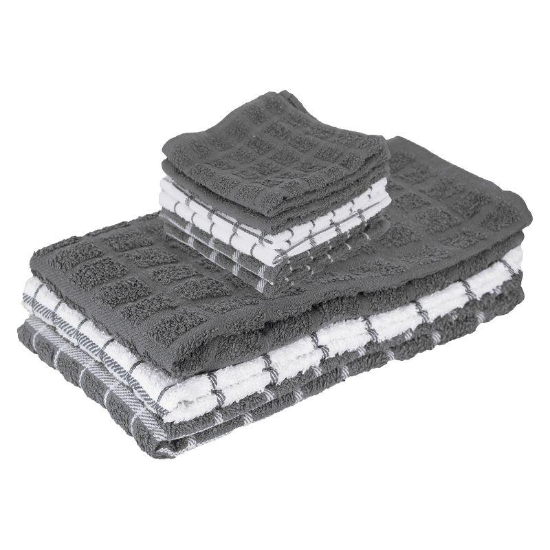 John Ritzenthaler Co. Ritz 3-Pack Terry Check Kitchen Towel Set and 6-Pack Terry Check Dish Cloth Set, Grey