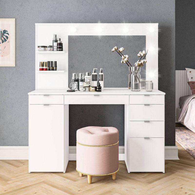 Olivia Vanity Table with Lighted Mirror White - Polifurniture: Modern Design, 6 Drawers, Storage Cabinet