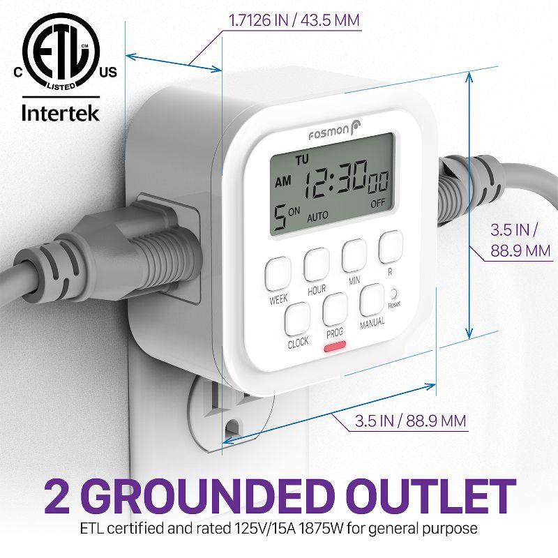 Fosmon 2x 7 Day Programmable Digital Timer For Outlet, [ETL Listed] Timer Outlet For Electrical Indoor, Plug-in Light Timer for Lamps, 15A/1875W