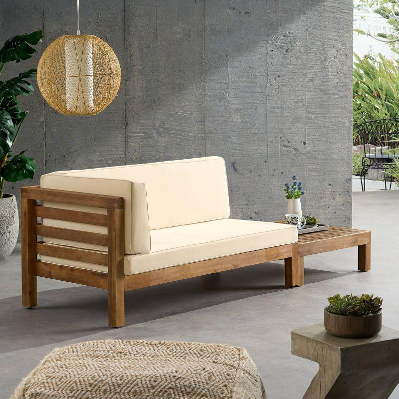 2pk Oana Outdoor Acacia Wood Left Arm Loveseat & Coffee Table with Cushion Teak/Beige - Christopher Knight Home