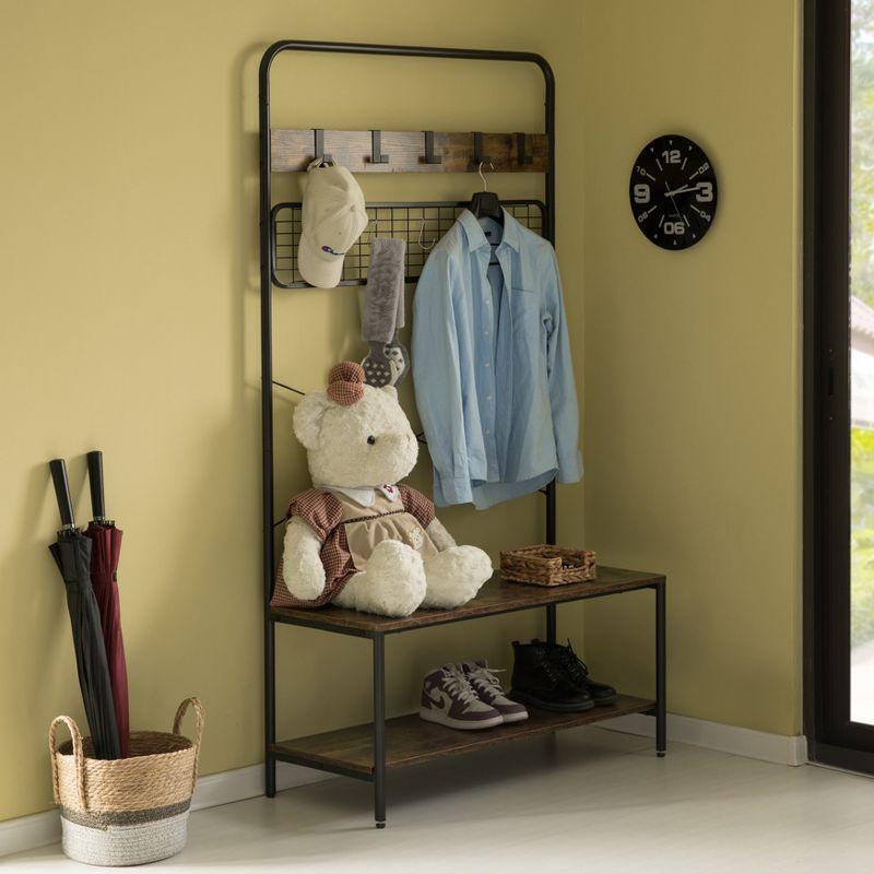 Basicwise Vintage Brown Coat Rack Hall Tree with Storage for Entryway With 10 Hooks and Storage