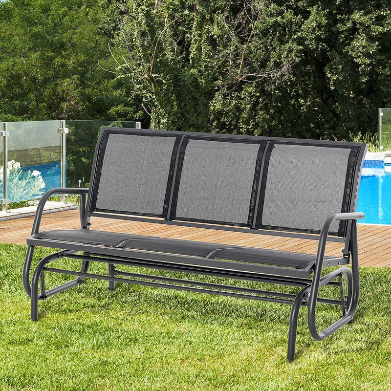 Outsunny Patio Glider Bench, Outdoor Porch Glider Swing with 3 Seats, Breathable Mesh Fabric, Metal Frame, Black