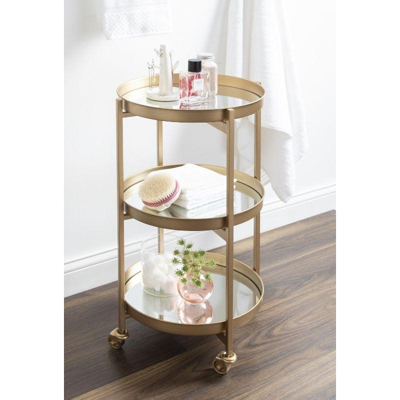 Celia Gold Finish 3-Tier Round Metal Bar Cart with Mirror Trays