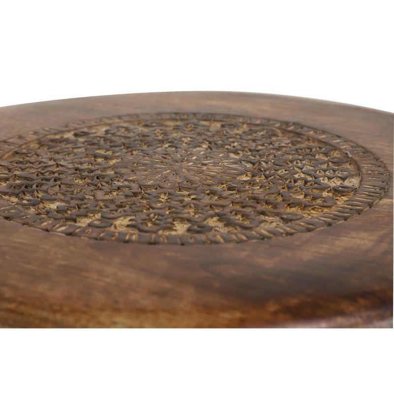 Handcrafted Dark Brown Mango Wood Floral Carved Round Accent Table