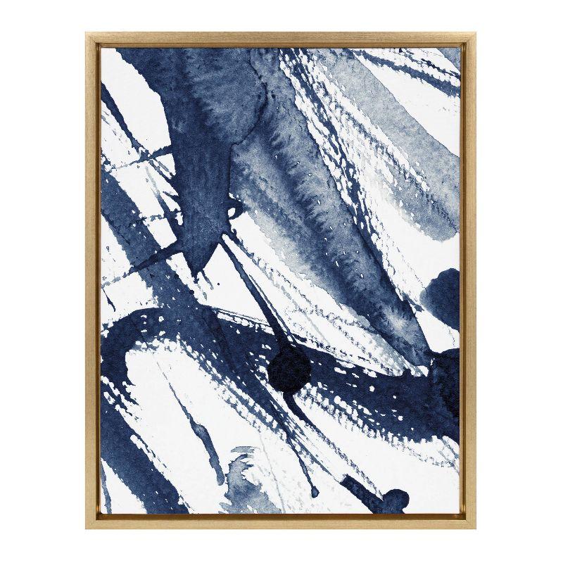 Indigo Watercolor Abstract Canvas Art with Gold Frame