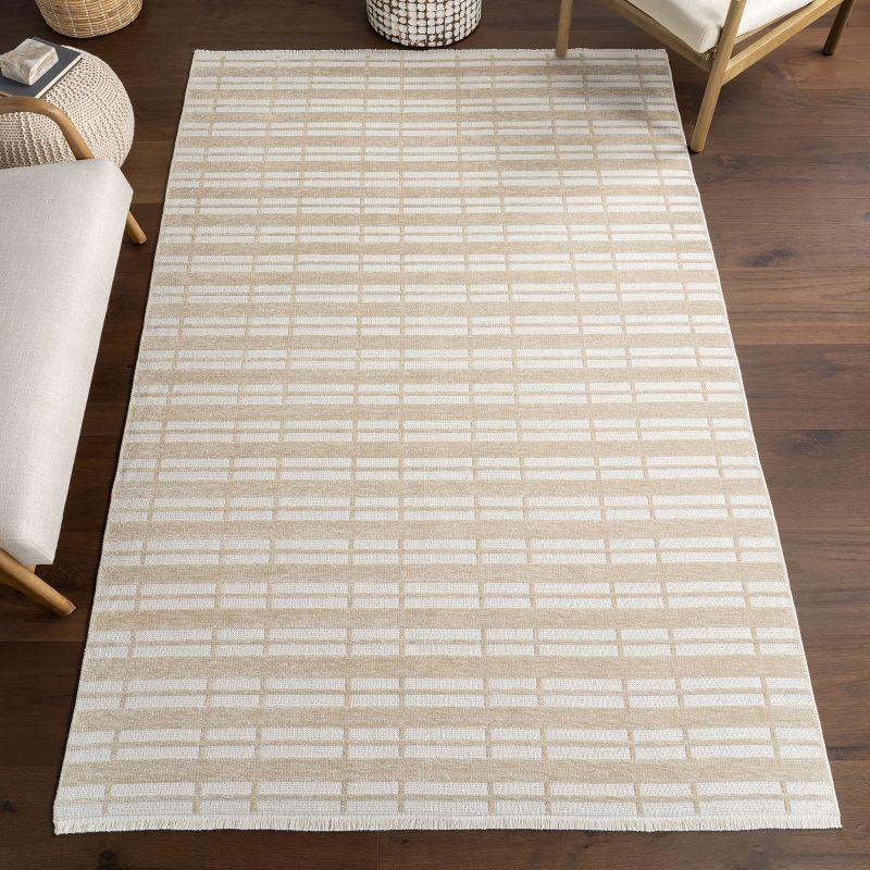 Beige and White Striped Washable Cotton Viscose Rug