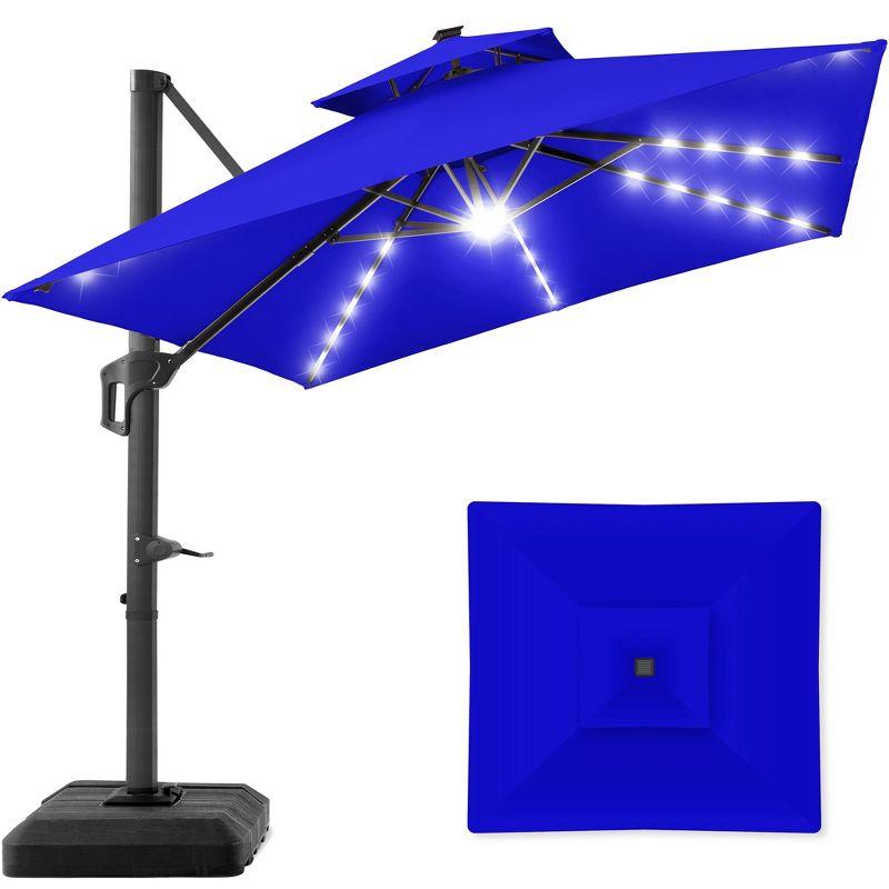 Resort Blue 10x10ft Solar LED Cantilever Patio Umbrella with Base