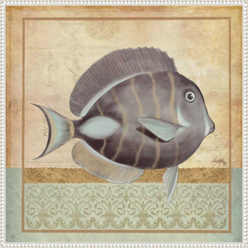 Vintage Fish II Coastal Canvas Wall Art with White Frame