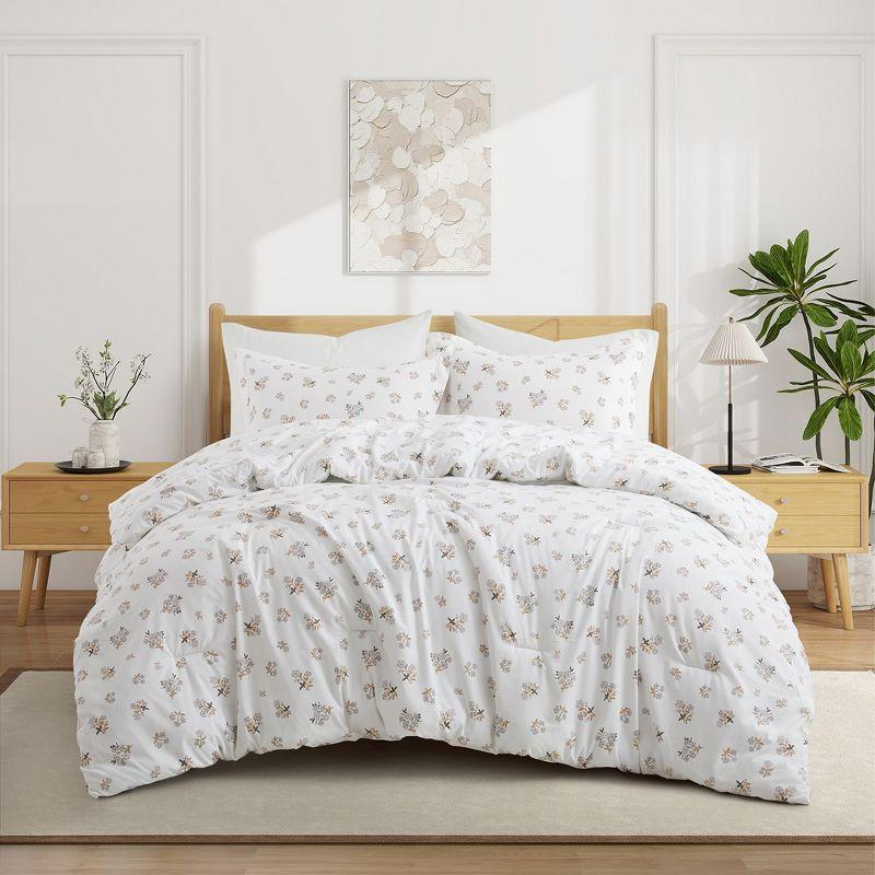 Peace Nest Floral Printed Comforter Set with Pillowcases, Bedding Set for All Season, White, King