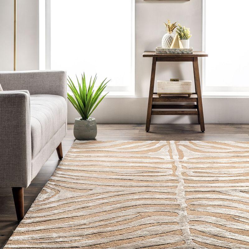 Tan and Off-White Handmade Tufted Wool Zebra Rug, 5' x 8'