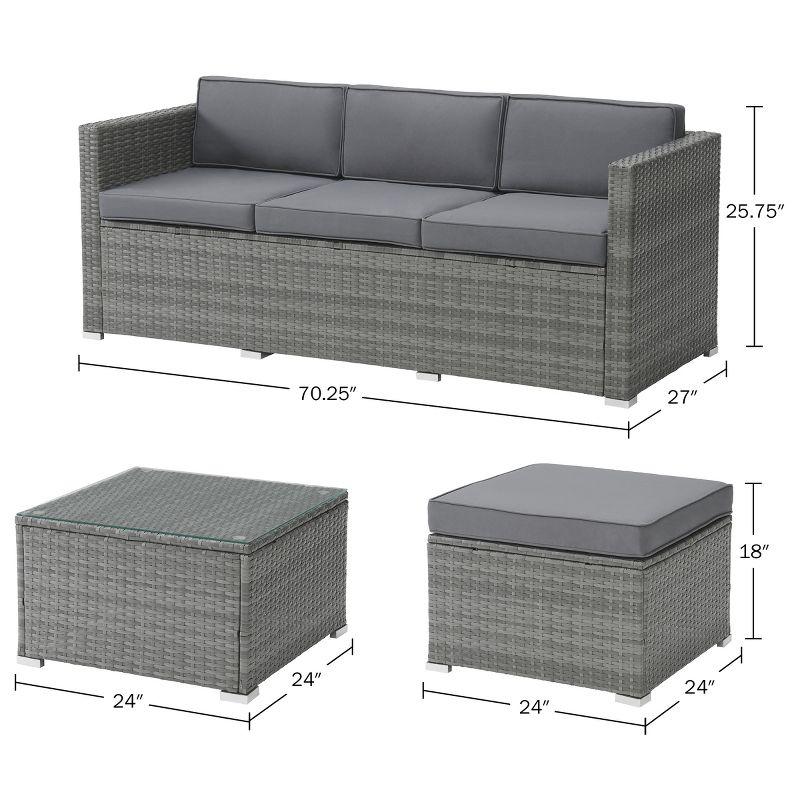 Patio Furniture Set – 3-Piece Rattan Outdoor Sofa, Ottoman, and Table Combo for Deck, Pool, Sunroom or Backyard Furniture by Lavish Home (Gray/Blue)