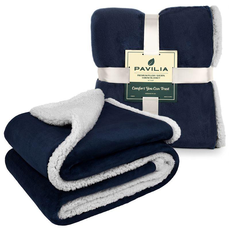 PAVILIA Premium Faux Shearling Fleece Throw Blanket for Bed, Reversible Warm Blanket for Couch Sofa