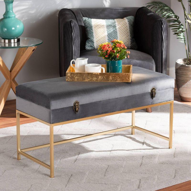 Aliana Velvet Fabric and Metal Large Ottoman Gold - Baxton Studio: Antique Brass Latch, Storage, No Assembly Required