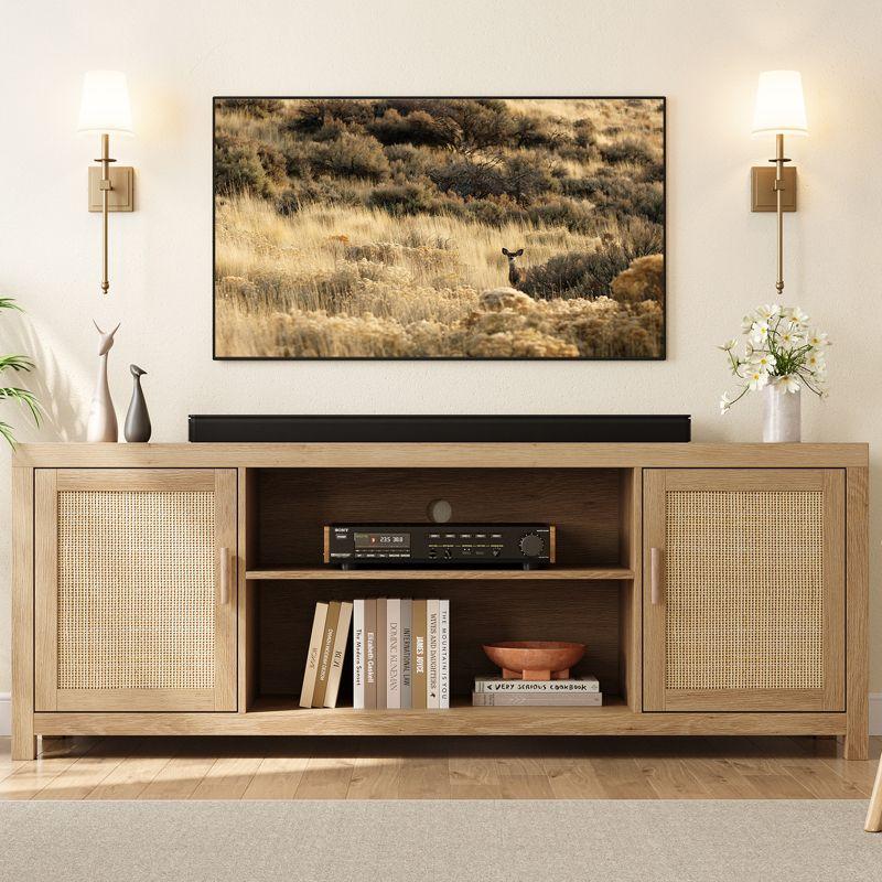 Whizmax Rattan TV Stand for 75 Inch, Boho Entertainment Center with 2-Tier Storage, Wooden Media Console Cabinet for Living Room Bedroom Natural Oak