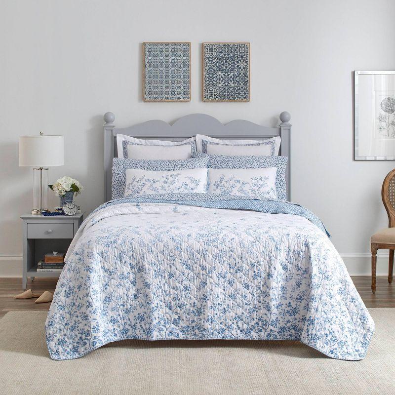 Flora Blue Cotton Reversible King Quilt Set