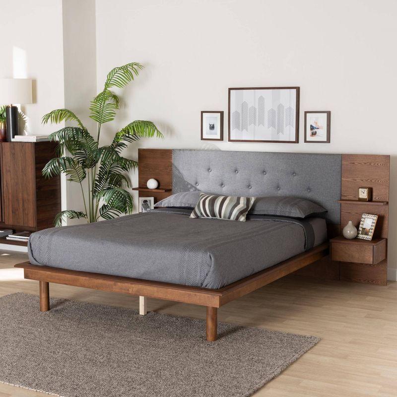 Gray and Walnut Queen Upholstered Wood Platform Storage Bed