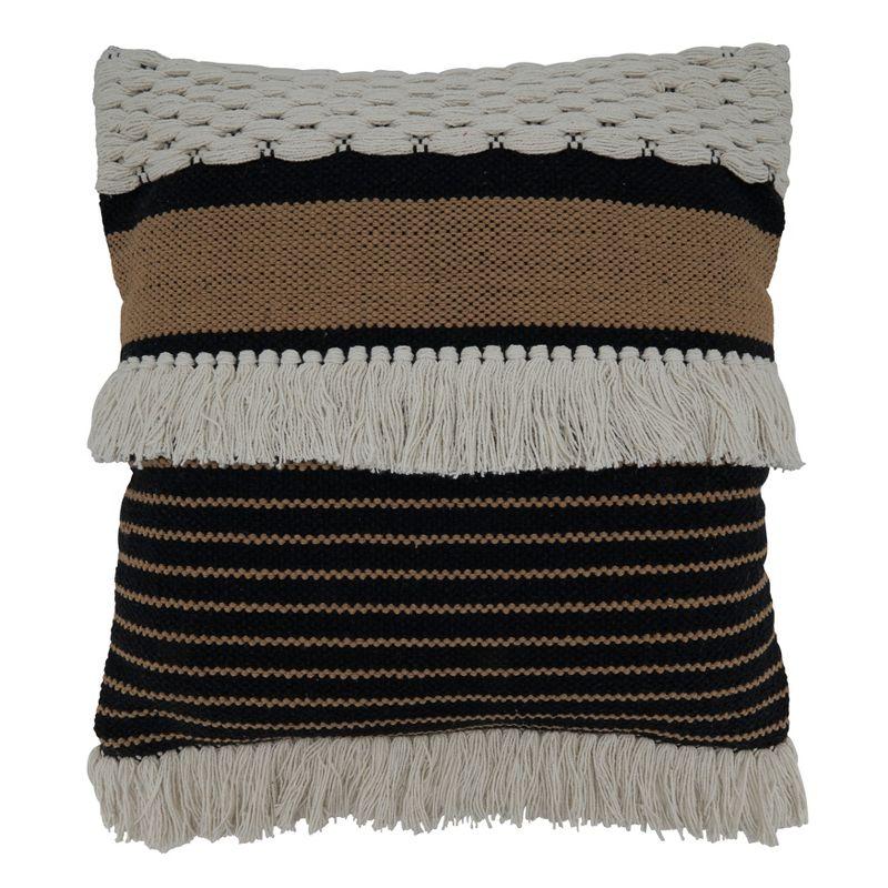 Whimsical Fringed Black and White Cotton Pillow Cover