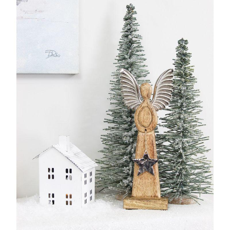 AuldHome Design Wooden Angel Christmas Statue; Farmhouse Holiday Decor Handmade Wood and Metal Figurine