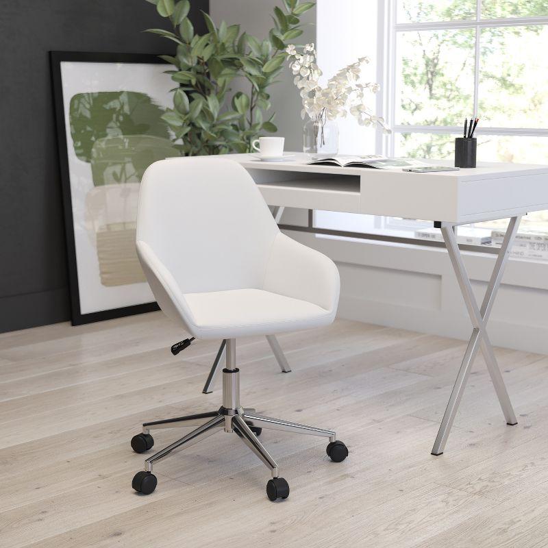 Merrick Lane Home Office Bucket Style Chair with White Faux Leather Upholstery and 360 Degree Rotating Swivel On Chrome Frame