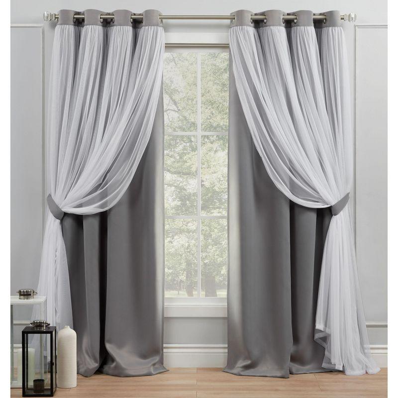 Exclusive Home Catarina Layered Solid Room Darkening Blackout and Sheer Grommet Top Curtain Panel Pair, 52"x84", Soft Grey