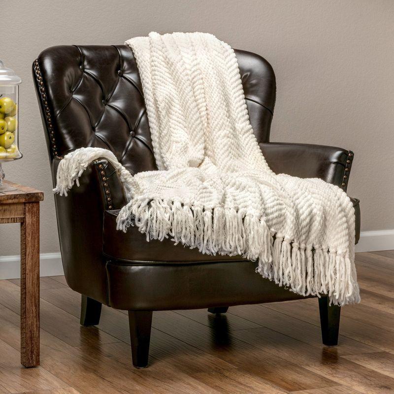 Cream Knitted Acrylic Throw Blanket with Tassels