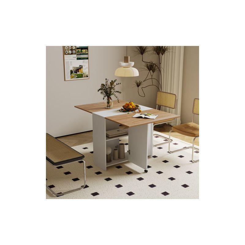 White and Oak Folding Drop Leaf Dining Table with Storage