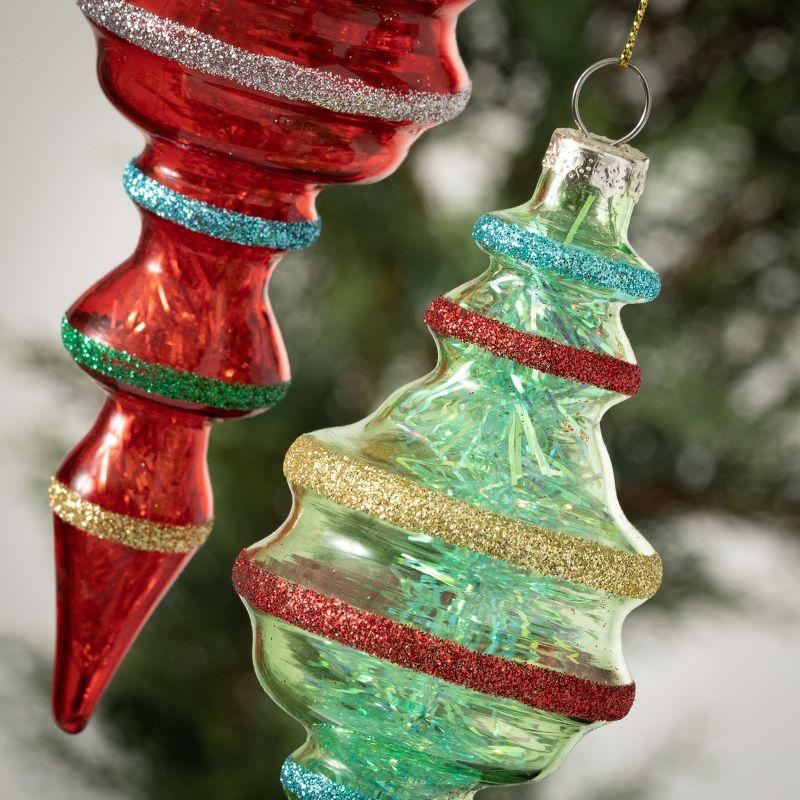 Glitter-Trimmed Multicolor Glass Finial Ornaments Set of 2