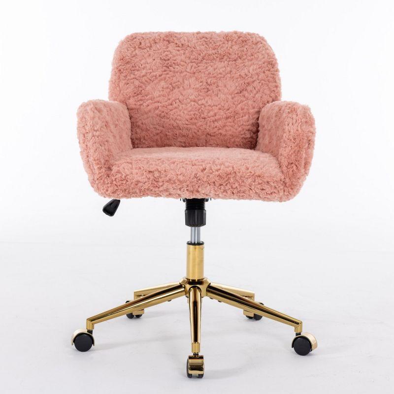 Pink Artificial Rabbit Fur Home Office Chair, Adjustable Swivel Desk Chair with Gold Metal Base and Wheels - The Pop Home