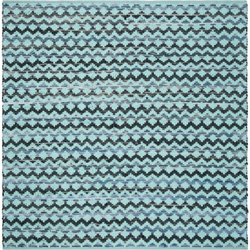 Handwoven Coastal Charm Cotton Square Rug - Black, Turquoise, and Blue