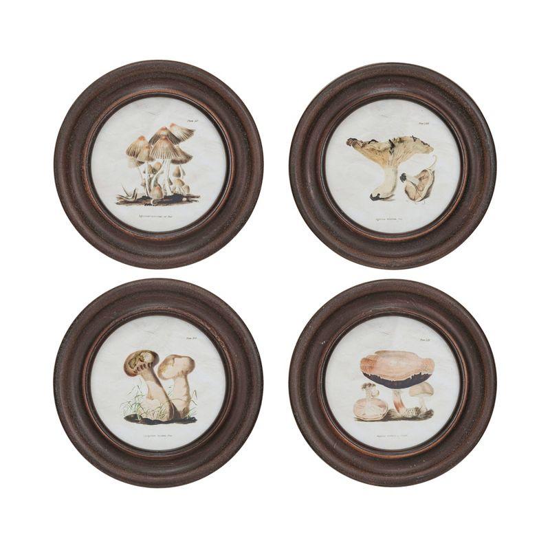 Storied Home (Set of 4) Round Reclaimed Wood Framed Mushroom Print Wall Art Set: MDF, Modern Decor, Sawtooth Back Mount